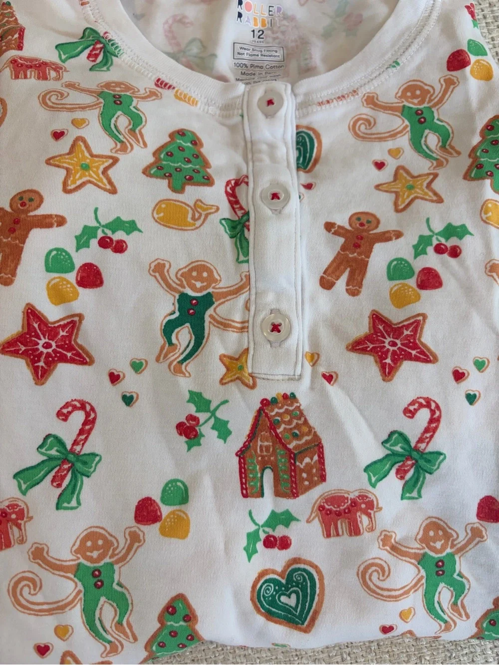 Roller Rabbit Kids 12 Pajama Set - Festive monkey, gingerbread holiday print EUC